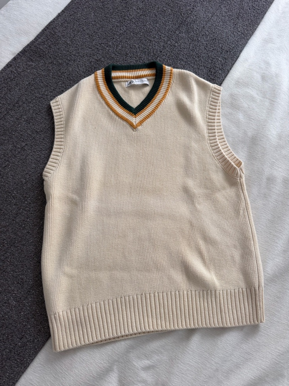 Zara Cream V-Neck Sweater Vest with Green & Gold Trim